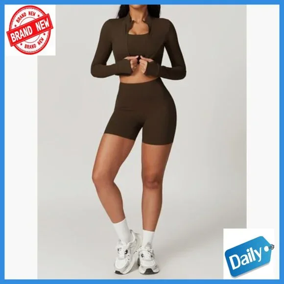 Seamless 3-Piece Workout Set High Waisted Shorts Crop Top Jacket - Picture 5 of 6